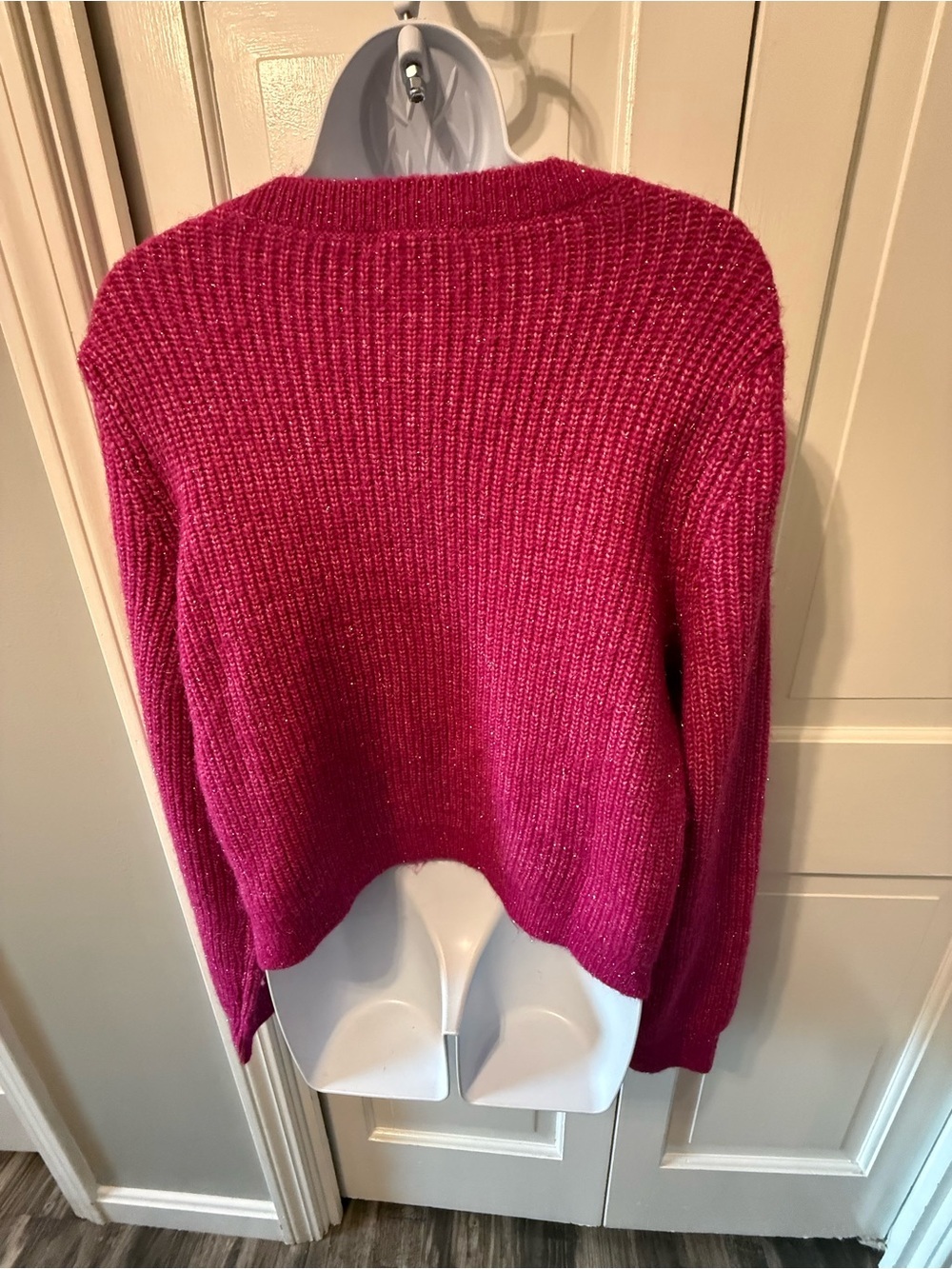 Fuchsia Ribbed Crewneck Button-Front Cardigan Sweater - Picture 3 of 4